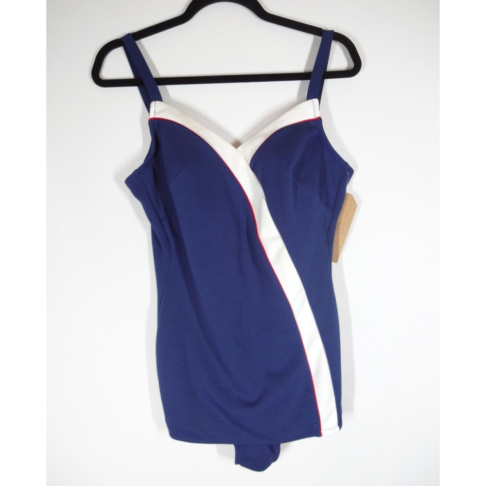 Vintage 60s One Piece Swimsuit Navy Blue White Nautical Sash Mod Pinup Retro
